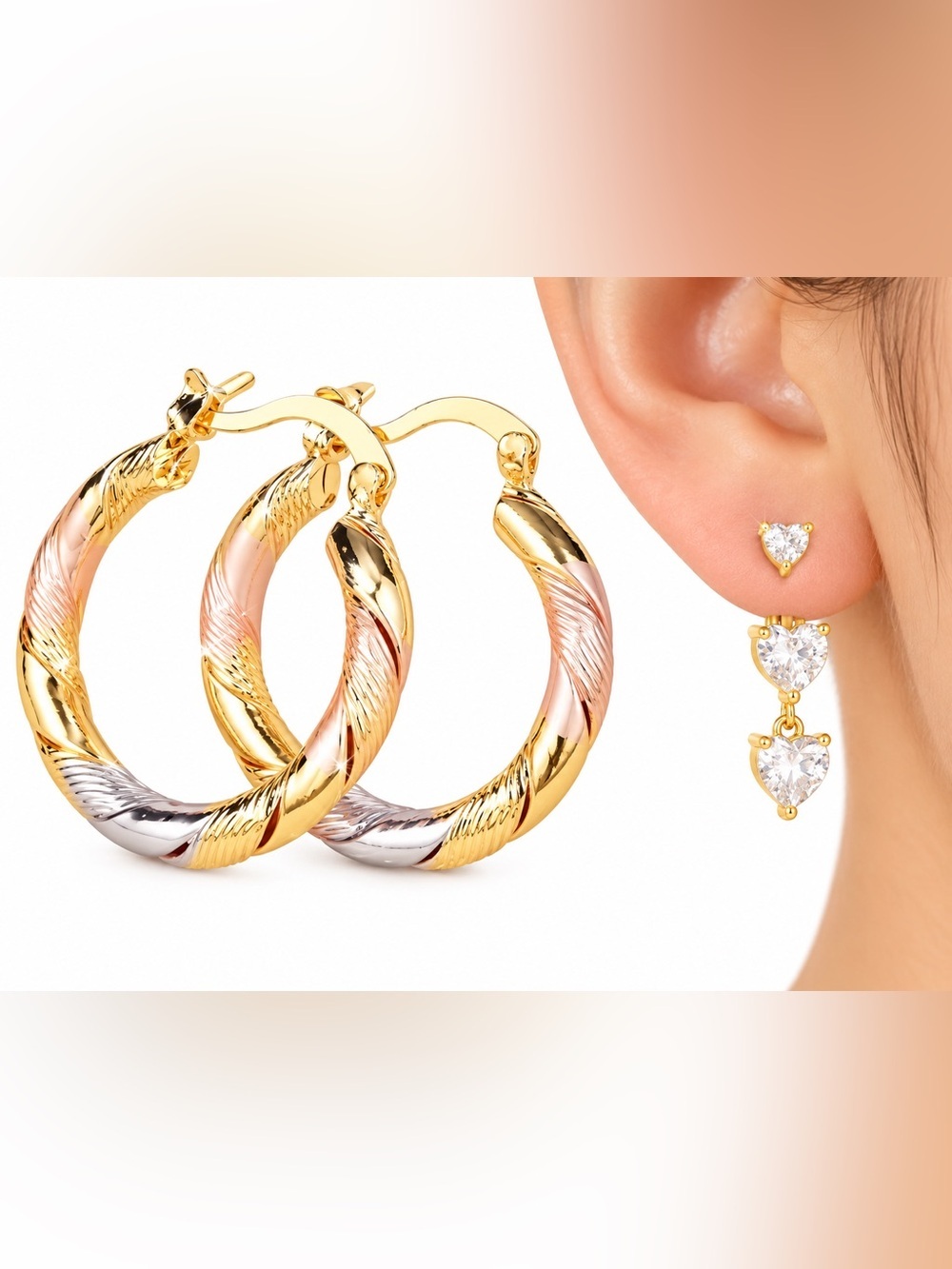 2-Pair Earring Set – Tri-Tone Twist Hoops & Heart Crystal Dangle Earrings